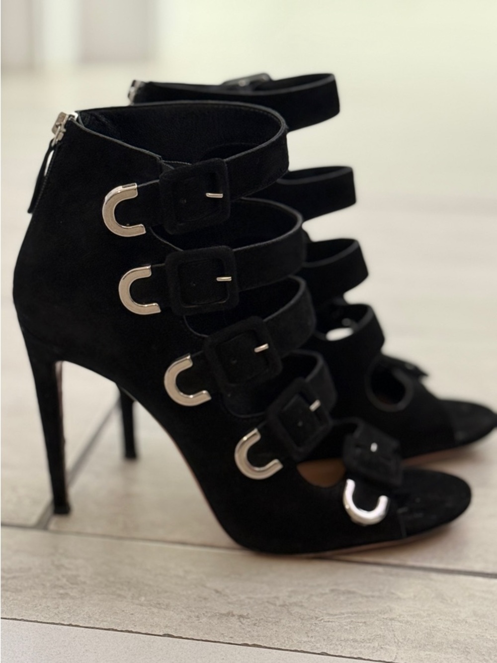 Aquazzura Multi-Buckle Suede Cage Heel | Black Sculptural Stiletto | size 39.5 - Picture 5 of 12